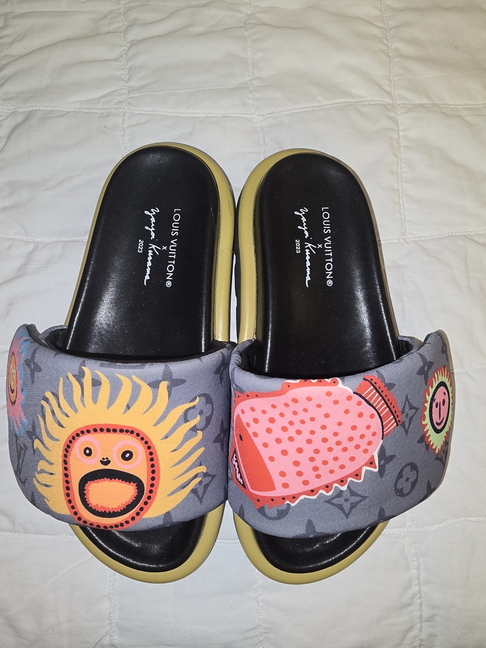 Louis Vuitton Gray Graphic Slide Sandals with Yellow Trim